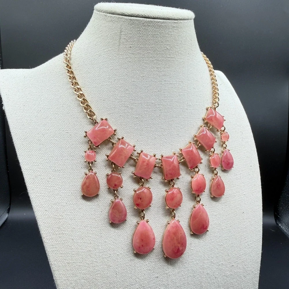 Pink Cabochon Statement Necklace Gold Tone Teardrop Fringe Bib Boho Romantic